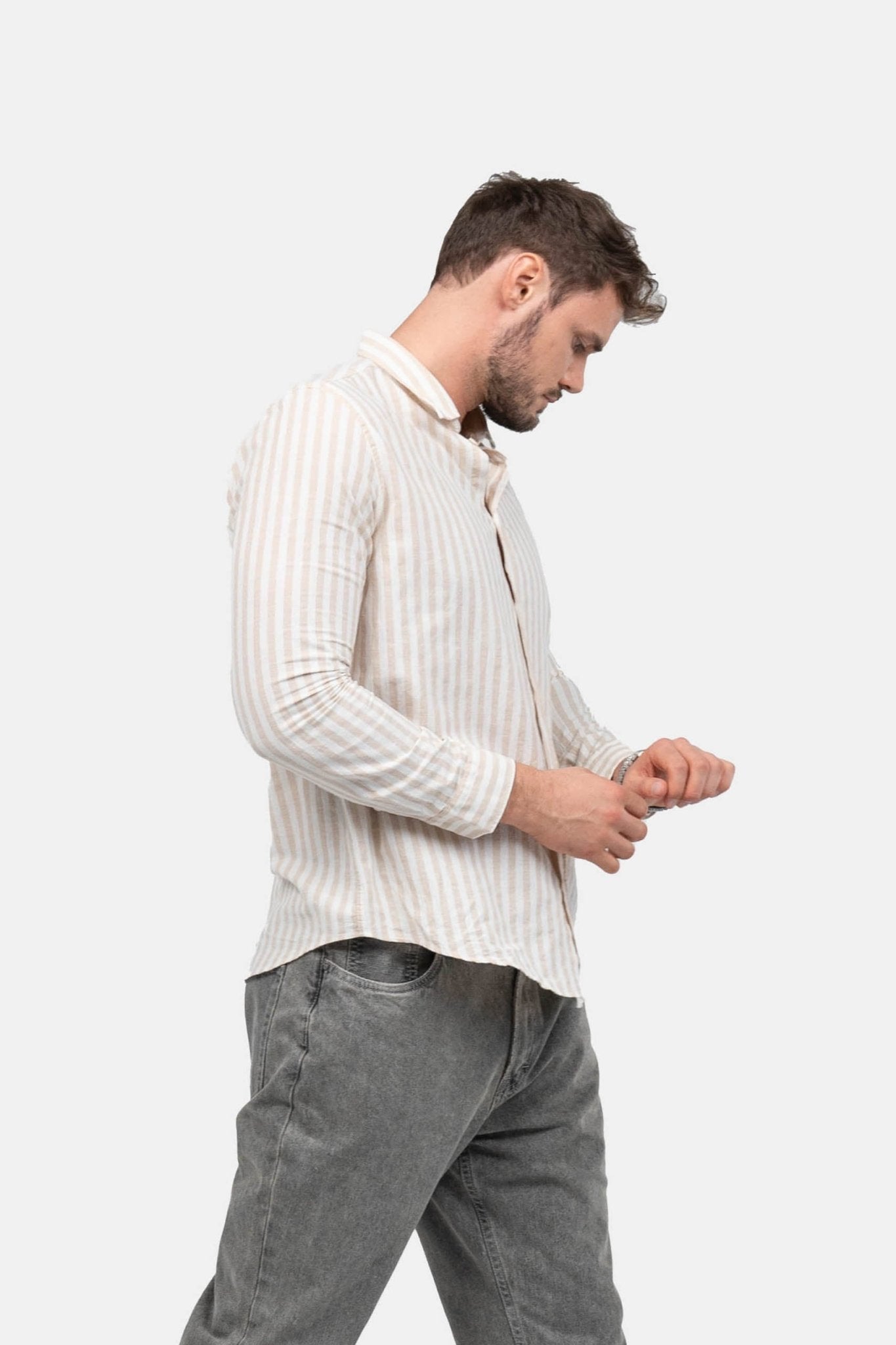 Langærmet Hørskjorte Sand Stribet | Skagen-clothing.dk